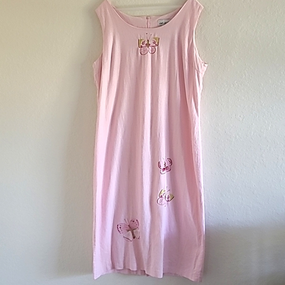 A.K.C. Linen Blend. Midi Dress. Pink with Butterflies. SZ. XL. Lagenlook.